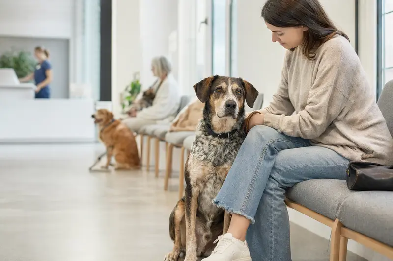 Ein Artois Hound sitzt ruhig neben seinem Besitzer in einem modernen Tierarztwartezimmer, umgeben von einer freundlichen Atmosphäre.